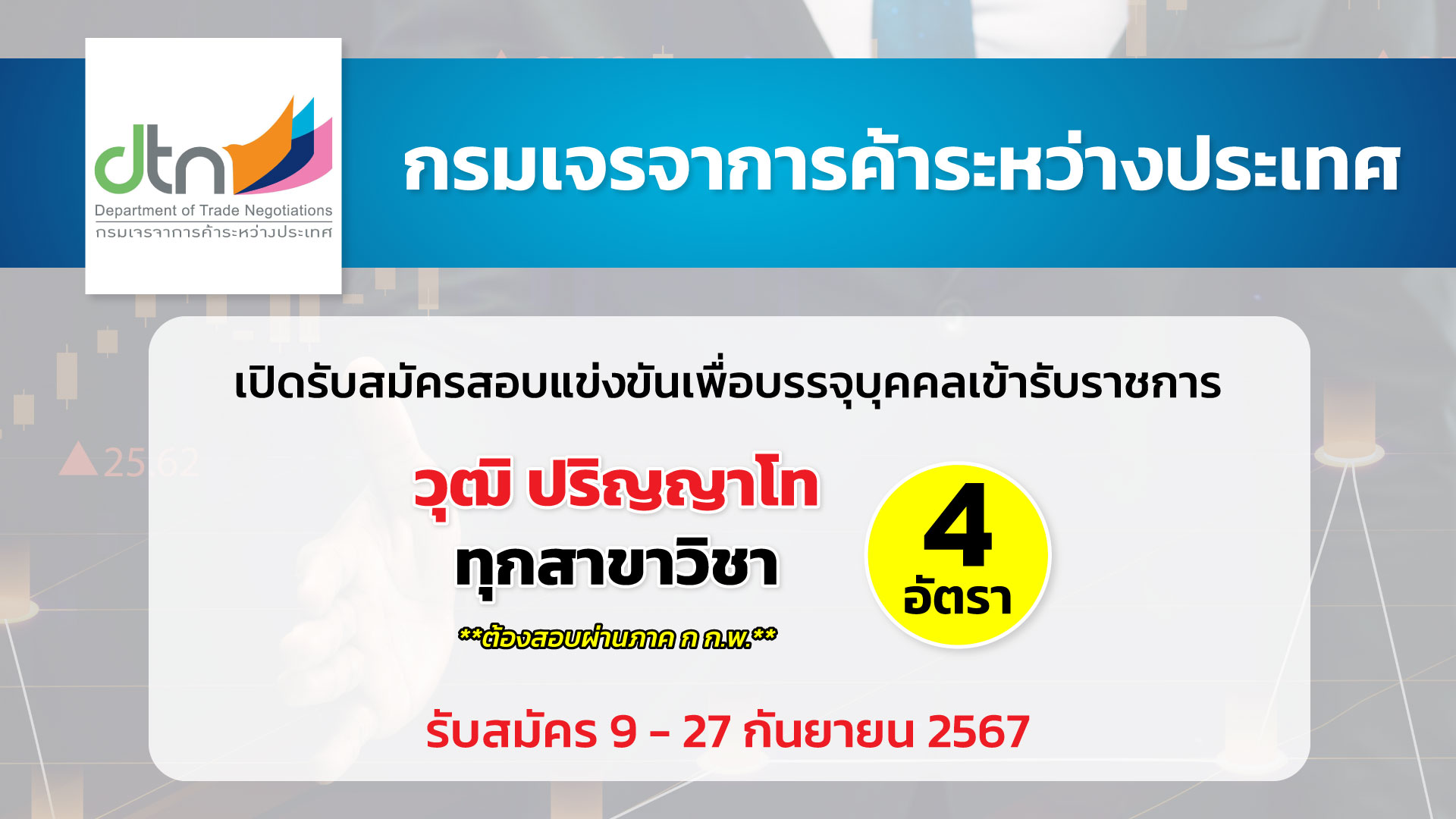 กรมเจรจาการค้าระหว่างประเทศ เปิดรับสมัครสอบแข่งขันเพื่อบรรจุและแต่งตั้งบุคคลเข้ารับราชการ