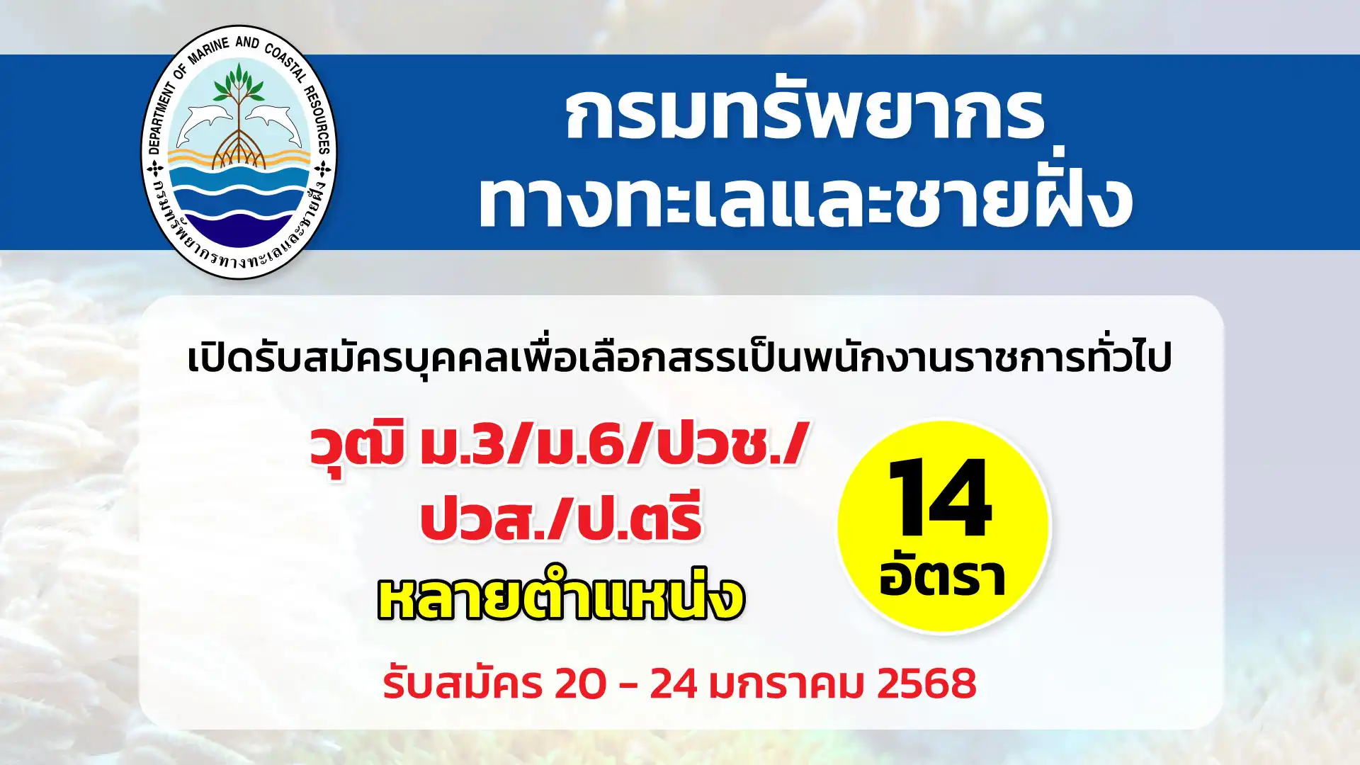 กรมทรัพยากรทางทะเลและชายฝั่ง เปิดรับสมัครบุคคลเพื่อเลือกสรรเป็นพนักงานราชการทั่วไป