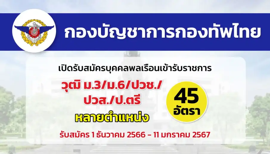 กองบัญชาการกองทัพไทย เปิดรับสมัครสอบคัดเลือกนายทหารสัญญาบัตรและประทวน